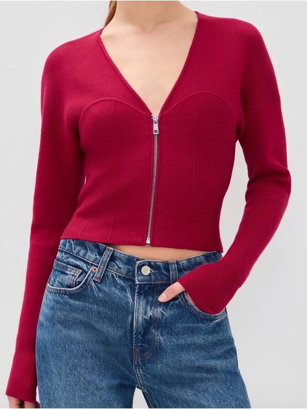 Good American Bustier Sweater Ruby Red Zip Front Corset Top NWT Size M $158